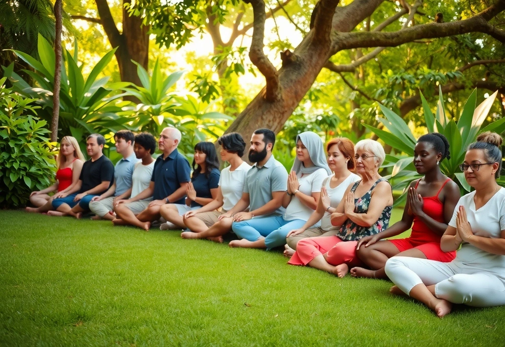 Diverse group of people meditating peacefully in a lush, green outdoor setting.