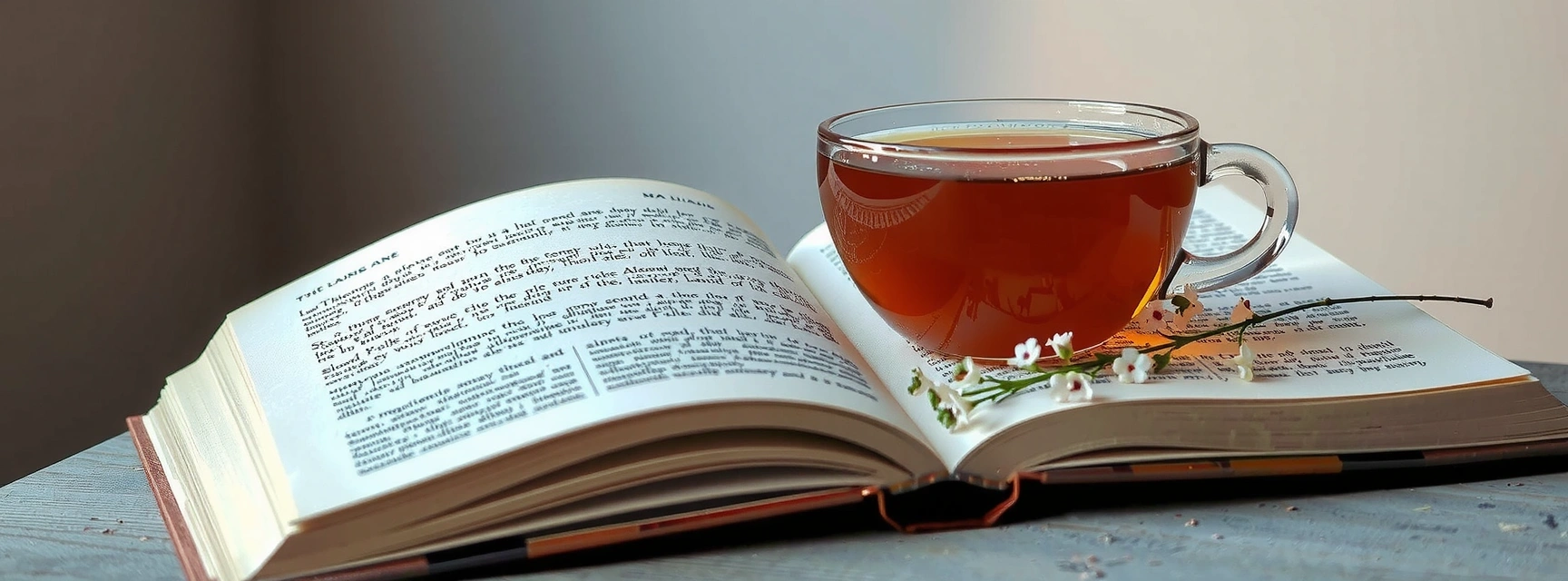 A serene image of an open book with delicate plants and a cup of herbal tea, symbolizing knowledge, nature, and relaxation. The background is soft and blurred, creating a calming atmosphere.