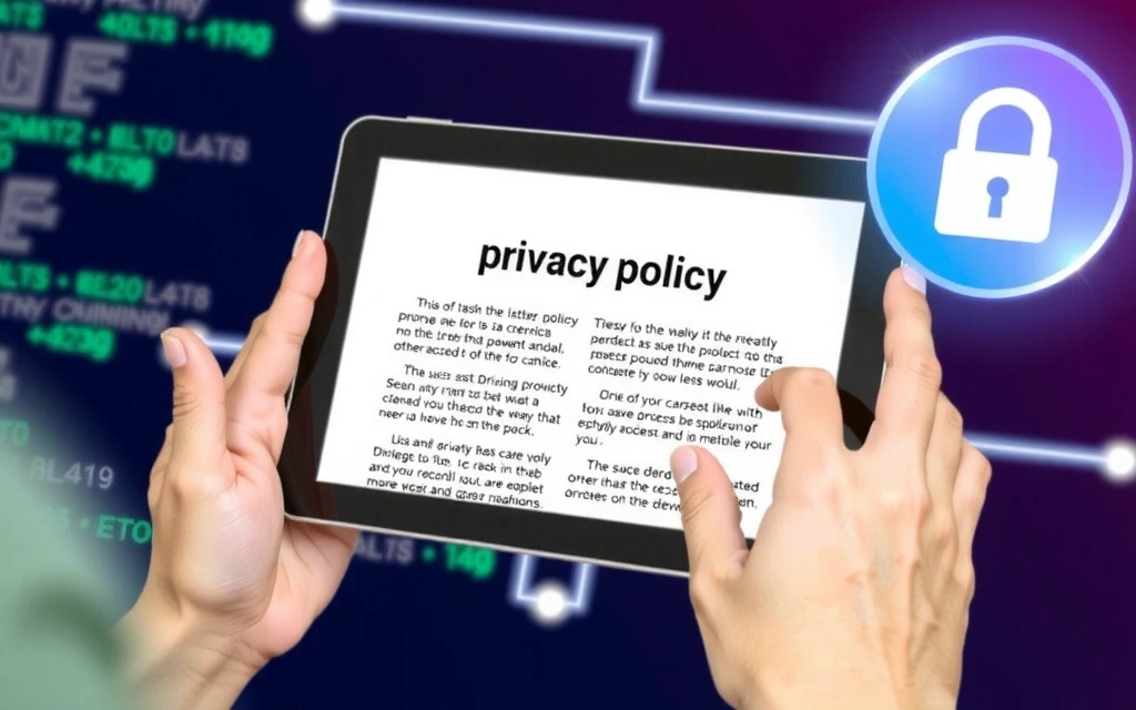 A person reviewing privacy policy documents on a tablet with a secure lock icon in the background.