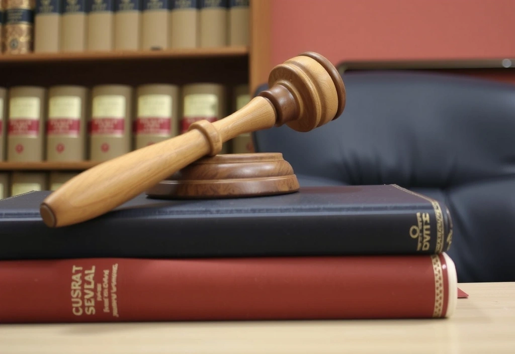 A gavel and legal books on a wooden desk, symbolizing law and justice